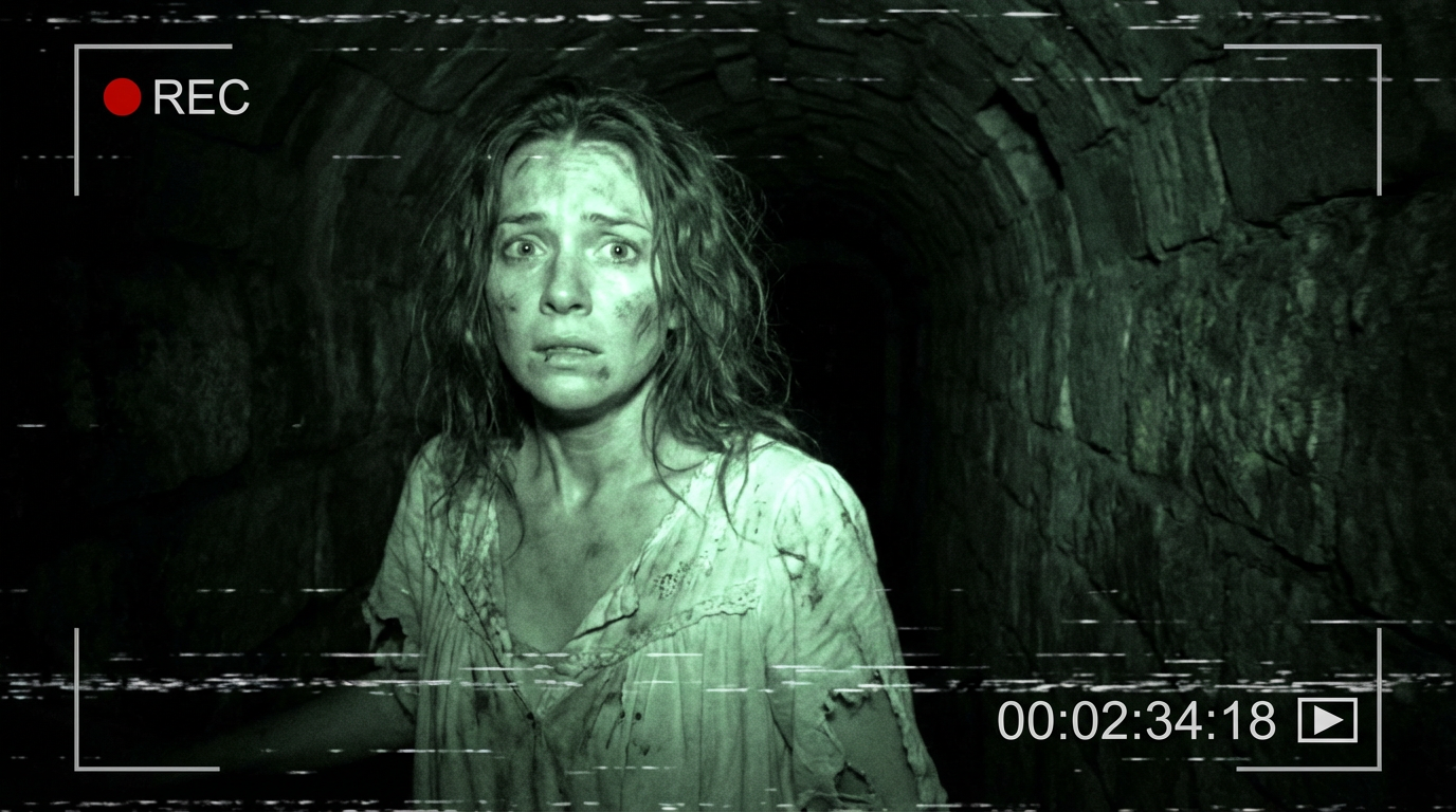 Found footage horror example: green night vision, handheld perspective, and VHS tape degradation