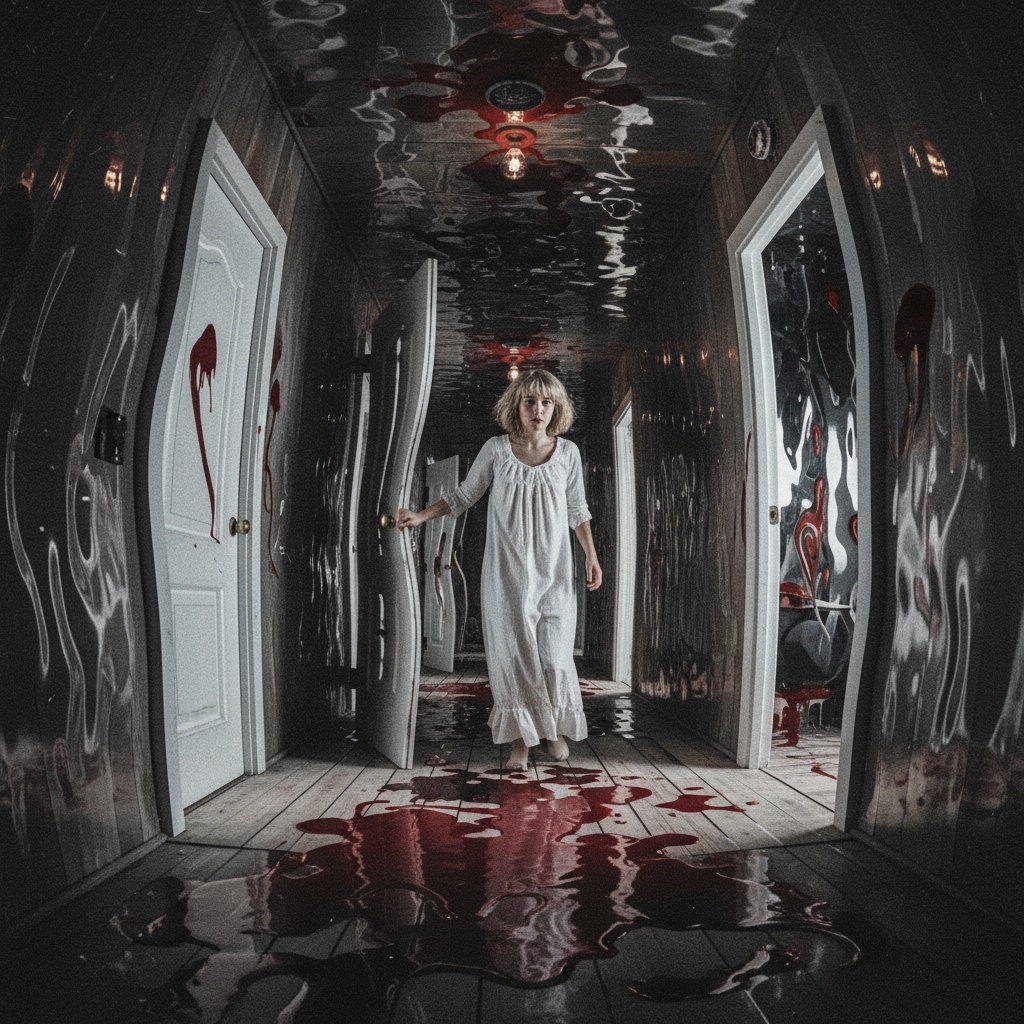 1980s slasher funhouse corridor with melting walls and crimson pool