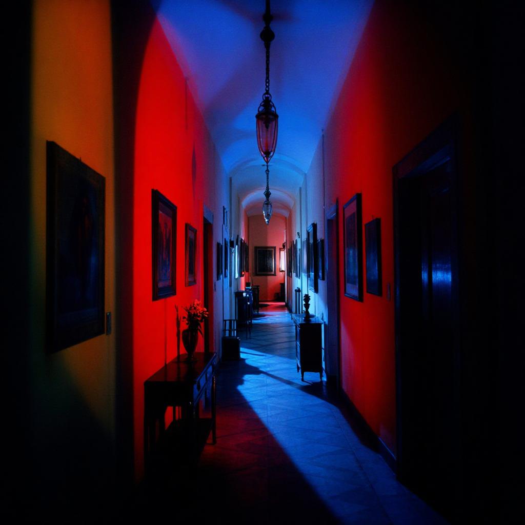 Giallo hallway — theatrical red wash and blue beam across the corridor