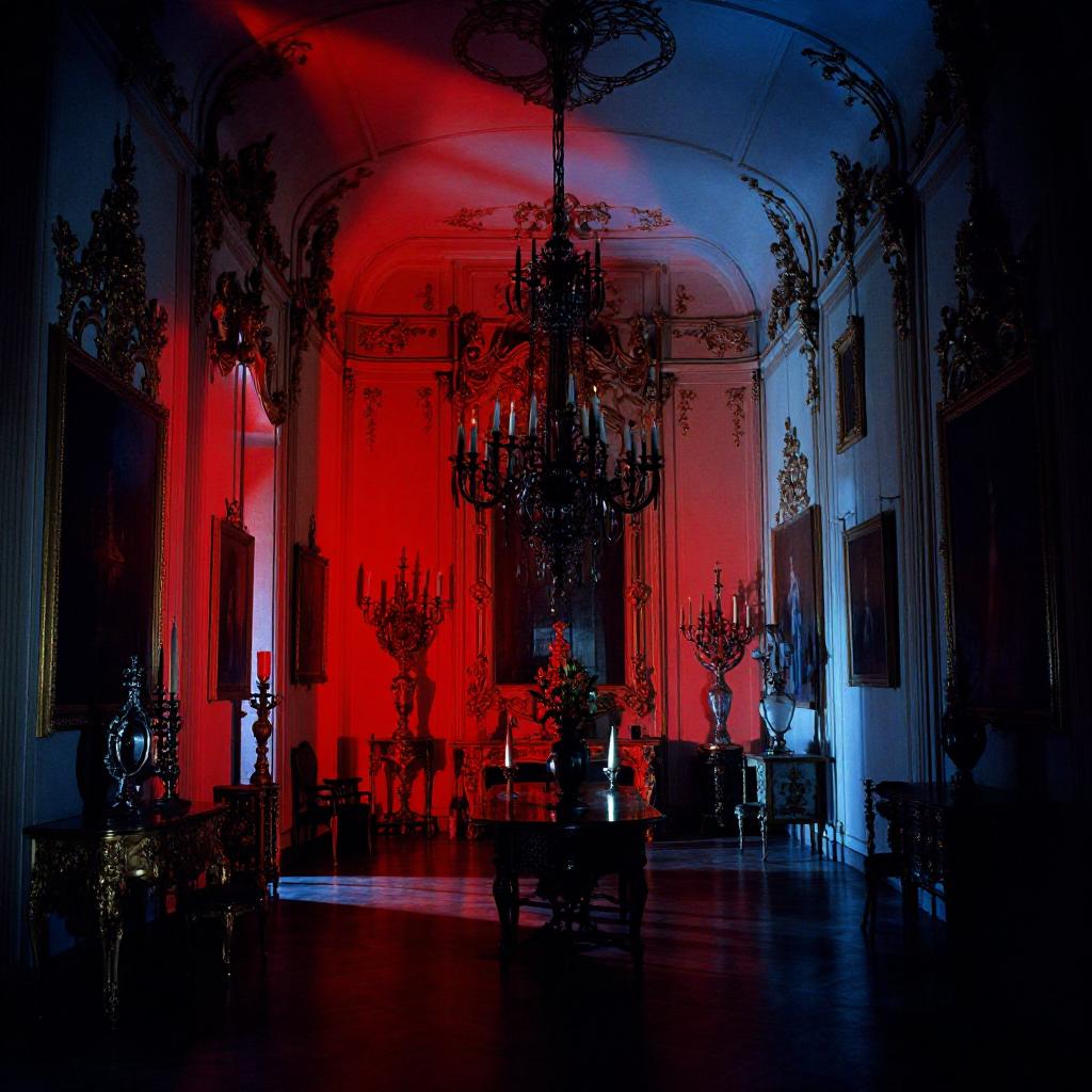 Ornate interior with dramatic red-vs-blue cinematic lighting