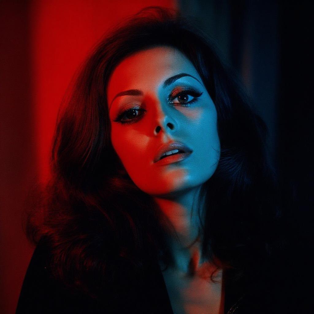 1970s-styled portrait with split red and blue portrait lighting