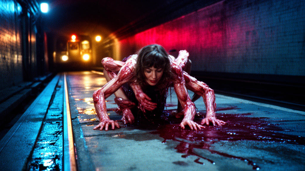 Body horror subway crawler with erupting limbs
