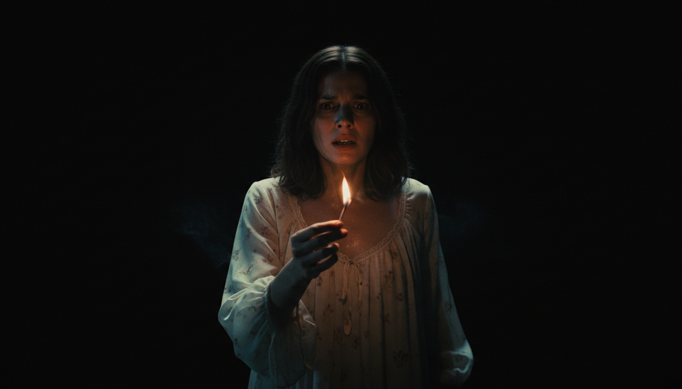 Supernatural horror: woman with lit match in darkness