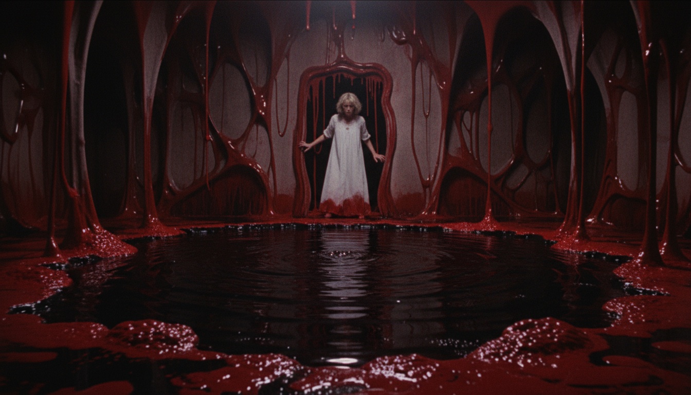 80s slasher: girl confronting crimson pool in melting chamber