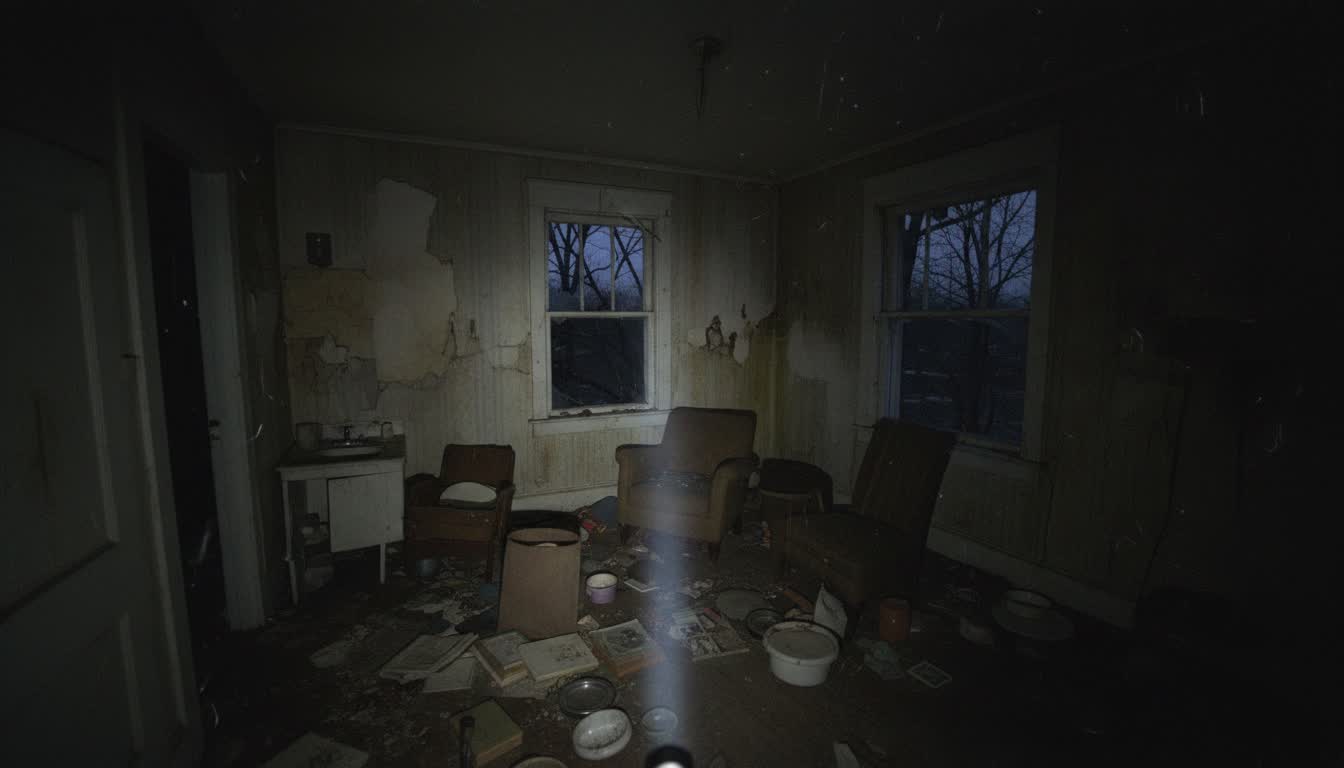 Abandoned house interior with POV headcam, found footage style