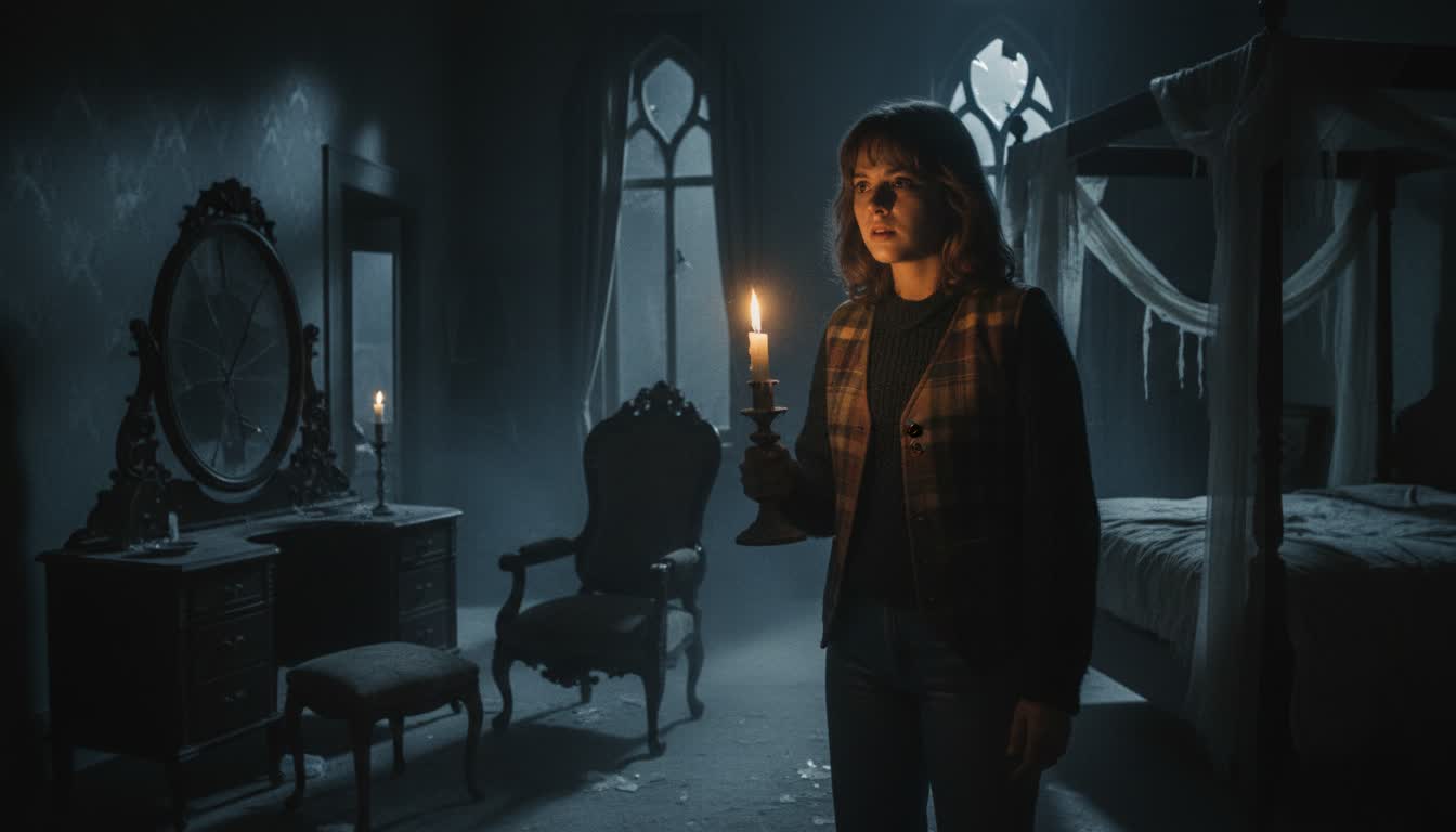 Woman with candle in abandoned hotel, supernatural atmosphere