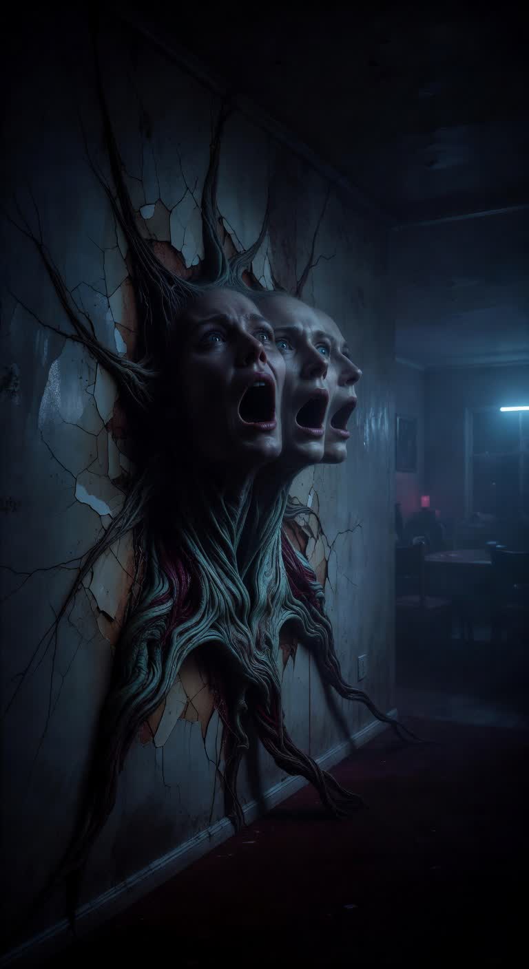 Horror Dimension: face emerging through wall with multiplied features
