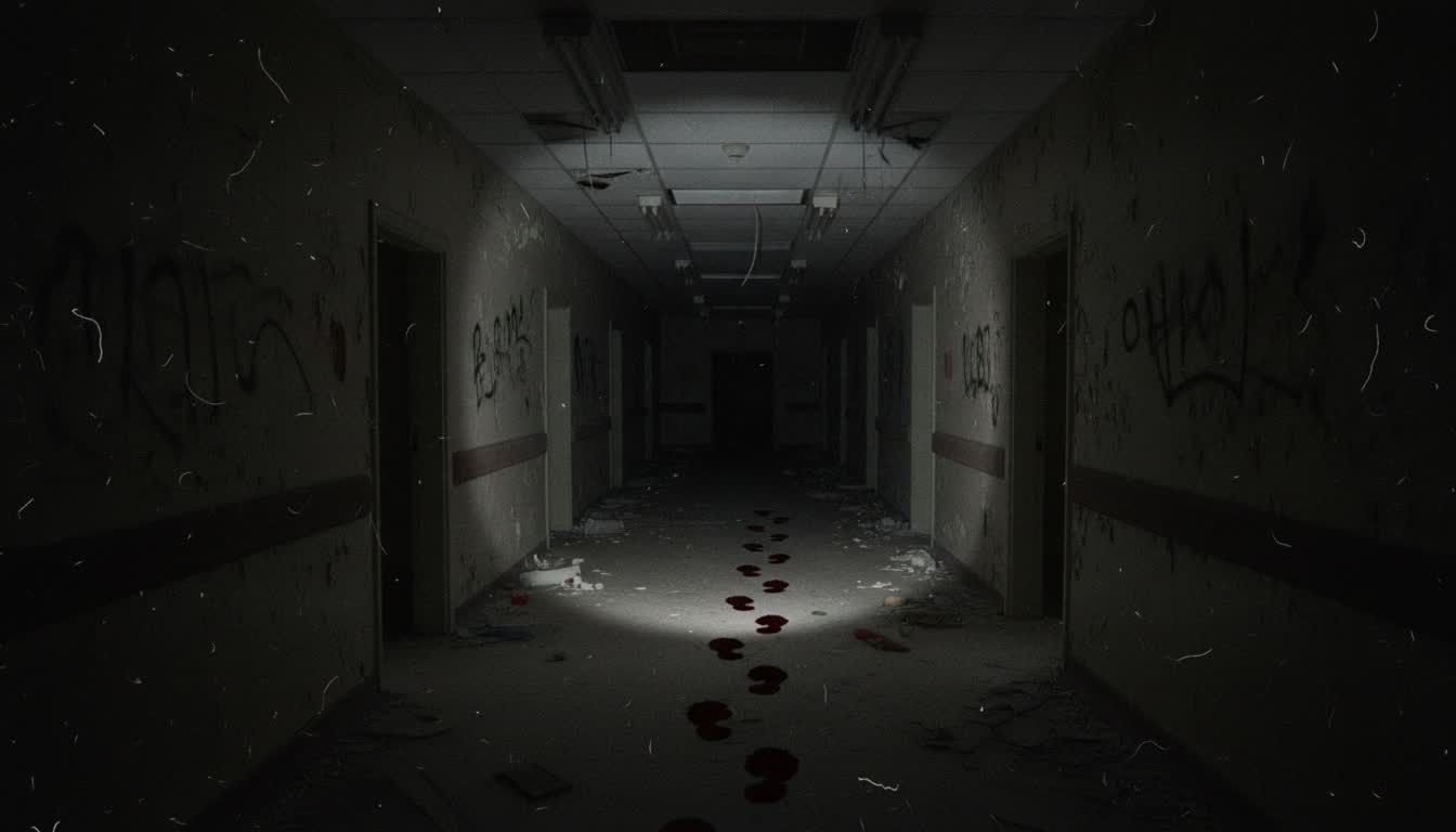 Abandoned hospital corridor, found footage style
