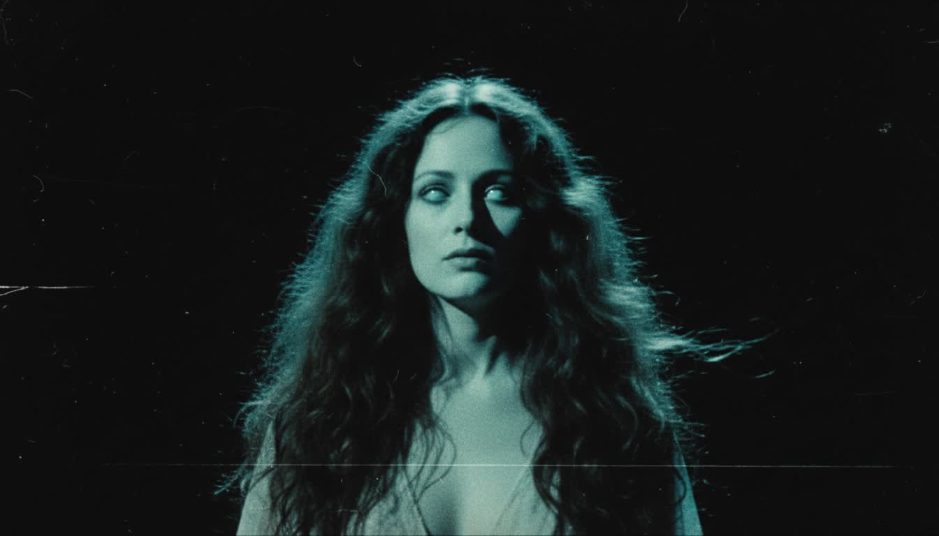 Ethereal ghost emerging from darkness with VHS degradation