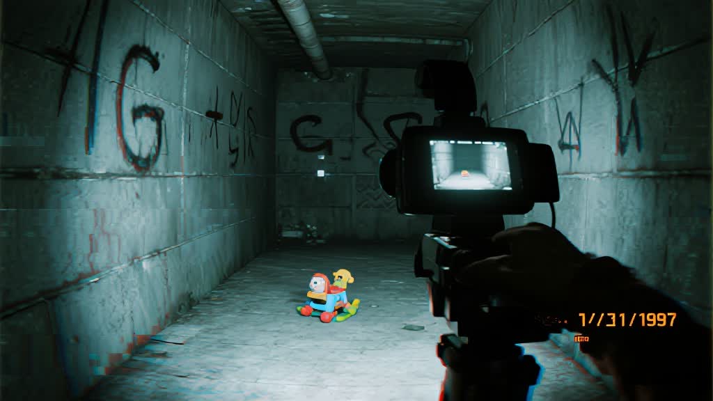 Found footage basement with VHS degradation and symbolic walls