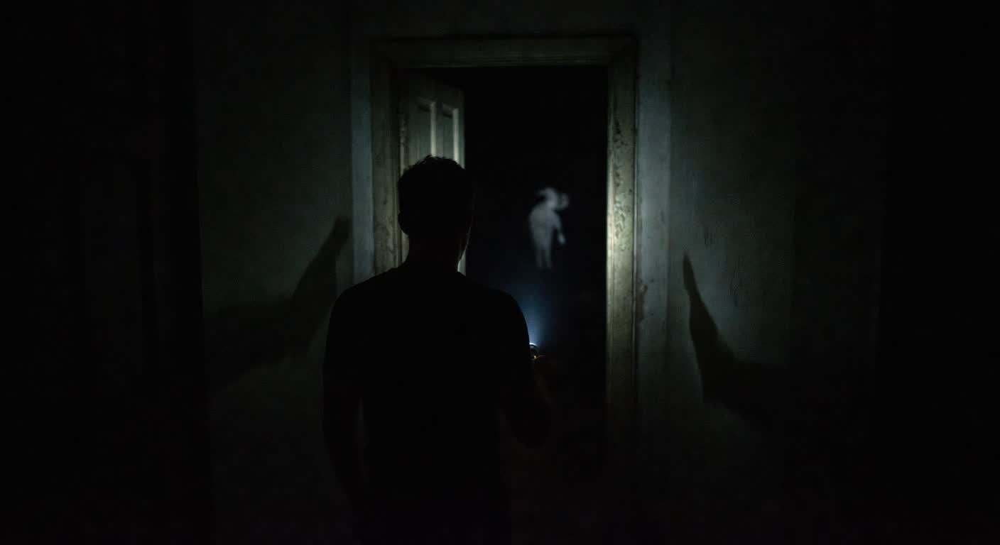 Over-shoulder flashlight beam illuminating doorway, figure in darkness