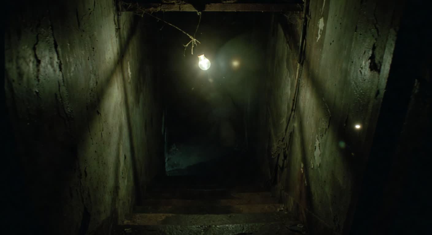 VHS basement stairwell with swinging bulb and analog grain