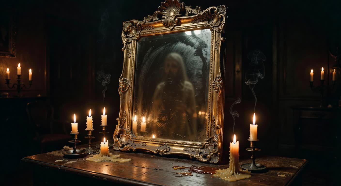 Ornate mirror with ghostly silhouette, supernatural horror