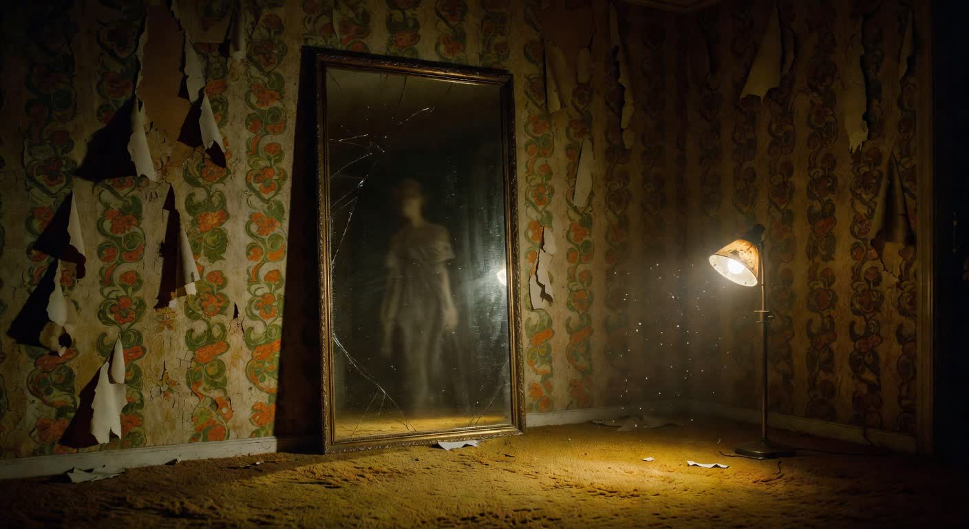 Spectral silhouette in cracked mirror, 1970s supernatural horror