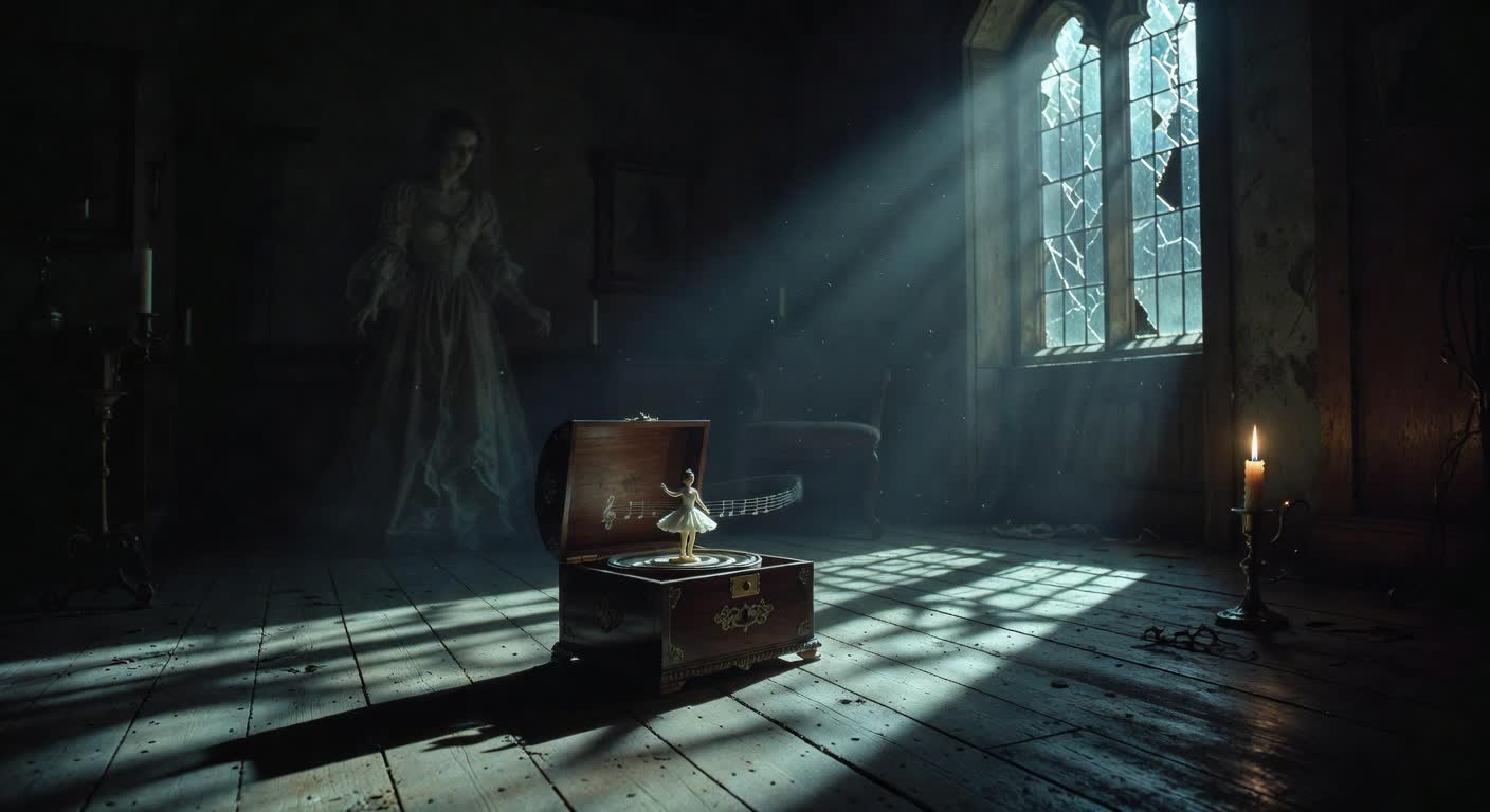 Victorian music box with spectral figure in background