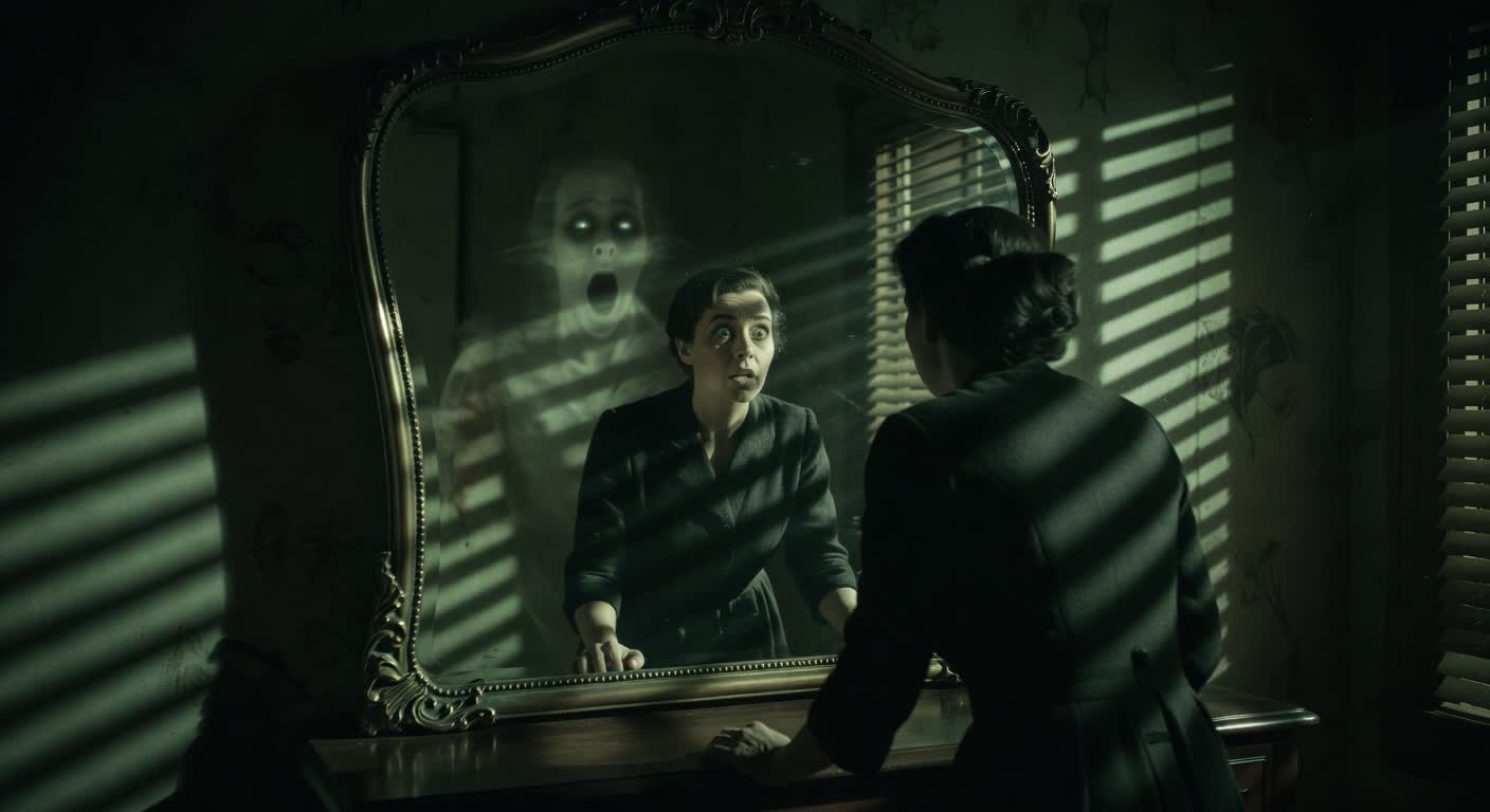 Woman in warped mirror with spectral figure behind her