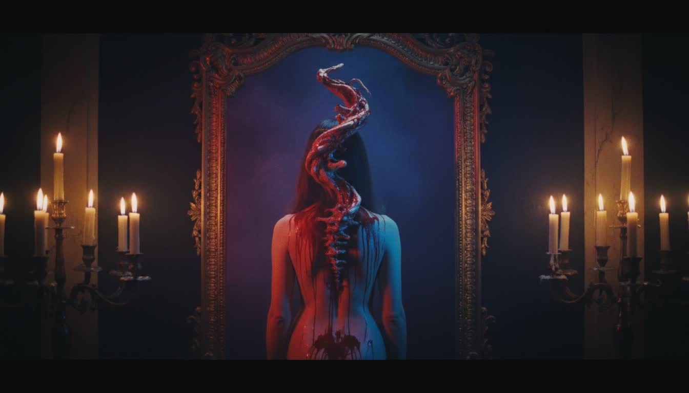 Baroque mirror horror: spine erupting from reflection
